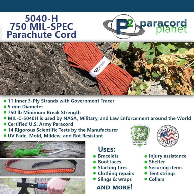 Military Survival Parachute Cord MIL-SPEC Paracord 103 Continuous Feet 750+ Tensile Strength - Authentic MIL-C-5040-H, Type IV 3/16" (5mm) Diameter 100% Nylon Rope Cordage