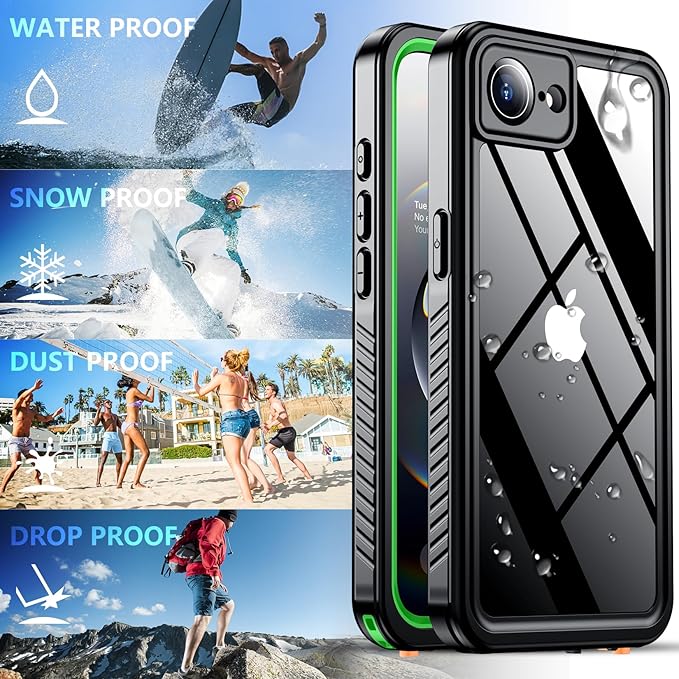 SPIDERCASE for iPhone 16e Case/iPhone 17e Case Waterproof,Built-in Screen & Camera Lens Protector[IP68 Underwater] Full Body Protection Phone Case for iPhone 16e/iPhone 17e 6.1'', Green/Clear