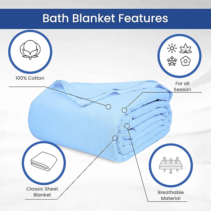 Linteum Textile 100% Cotton Hospital Patient Bath Blanket, Bed Bath Sheet, Twin Blanket Lightweight Sheet Blankets 70x90 in, 1.75 lb. Blue