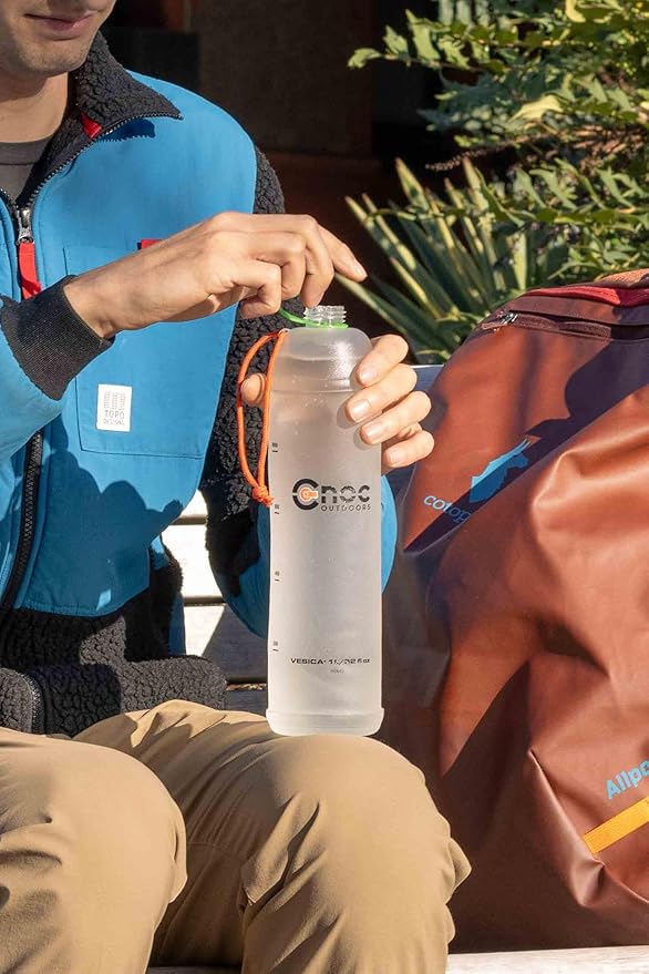 Cnoc Outdoors Vesica Collapsible Water Bottle 1 Liter Green, 28mm Thread Compatible with Popular Filters, Packs Down Small when Empty, Perfect for Travel and Hiking