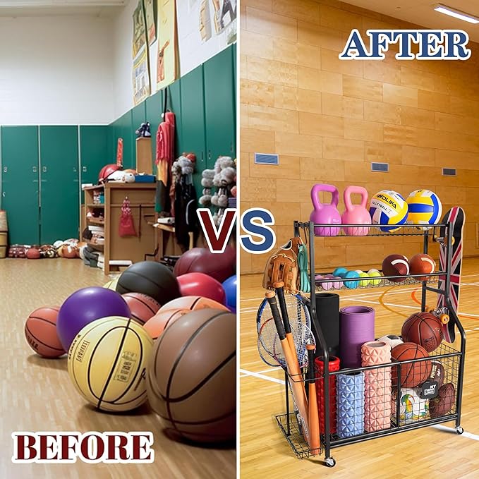 Mythinglogic Sports Equipment Garage Organizer,Garage Ball Storage for Sports Gear and Toys, Rolling Ball Cart with Wheels for Indoor/Outdoor Use