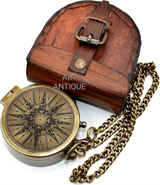 Vintage Brass Pocket Compass with Leather Case, Engraved Antique Nautical Compass for Hiking Camping Survival Navigation, Unique Gift for Men Women Husband Wife Anniversary Birthday Christmas