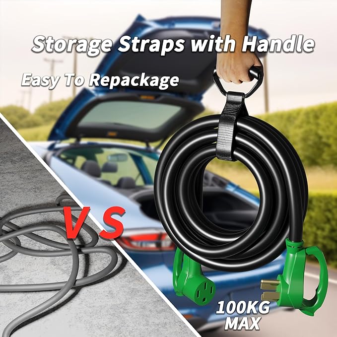 PlugSaf NEMA 14-50P/14-50R 75 FT 40 Amp RV/EV Extension Cord Outdoor with Grip Handle, 4 Prong Flexible Heavy Duty STW RV Power Cord Waterproof, 40A 125/250V 5000/10000W, Black-Green, ETL Listed