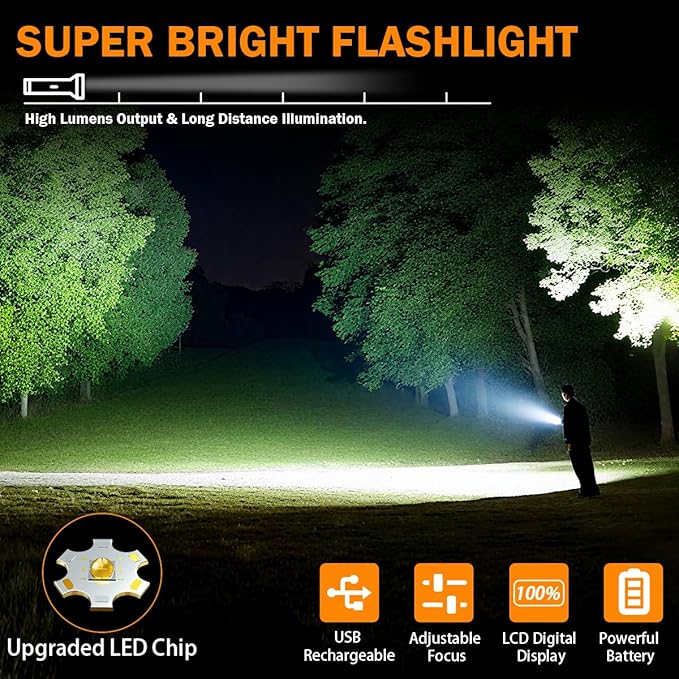 6Pack Rechargeable Flashlights High Lumens, LED Flashlight Rechargeable with LCD Digital Display, 5Modes Adjustable Flash Light, Super Bright Flashlight Powerful, Tactical Flashlights for Home