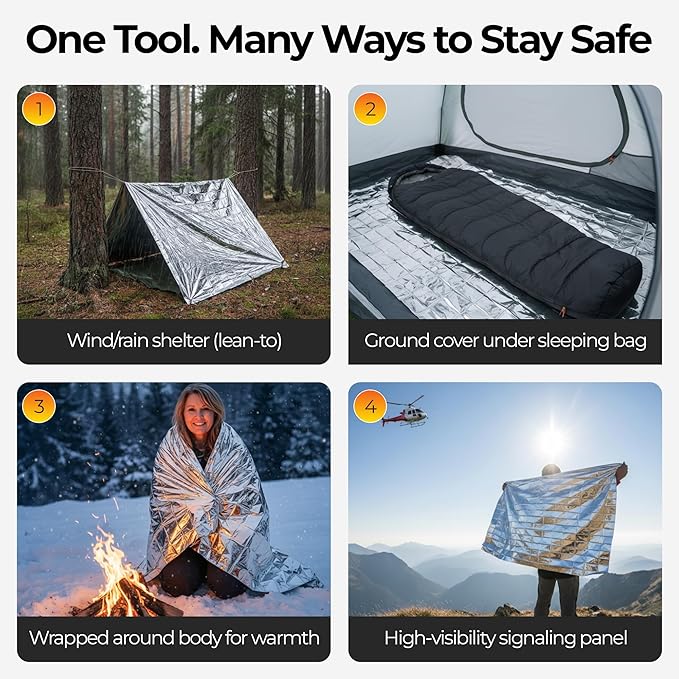 Sierra Madre Emergency Mylar Thermal Space Blanket for Survival – Waterproof Safety Shelter Retains 90% Body Heat – Ultralight & Compact Gear for Camping, First Aid & Prepper Supplies