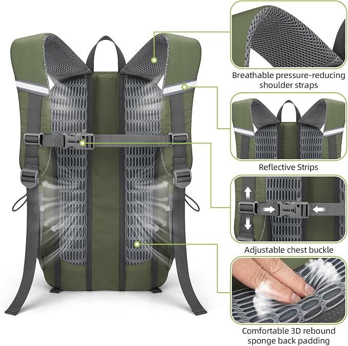 RealCool Hiking Backpack for Men Women,20L Lightweight Waterproof Travel Camping Backpack Hiking Daypack for Cycling Running,Army Green