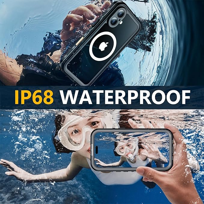 Red2Fire for iPhone 16 Case Waterproof, [Built-in Screen Protector & Camera Protector][Compatible with MagSafe][Full Body Shockproof][IP68 Waterproof][Dustproof] Phone Case 6.1" Black/Clear