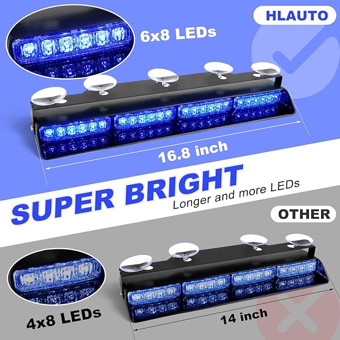 HLauto 6Z4J Emergency Dash Strobe Lights: 2x16.8 inch Blue Safety Lights, 48 LED Flashing Warning Hazard Interior Windshield Visor Traffic Light Bar for Trucks, Construction Vehicles