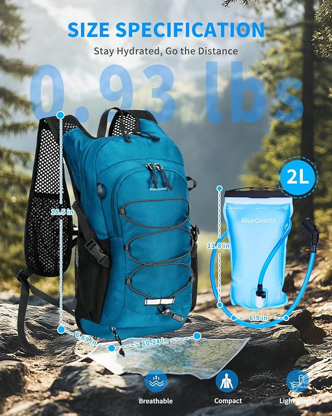 Blue Quartz Hydration Backpack with 2L Water Bladder, 18L Hiking Backpack for Women Men, Lightweight Water Pack with Phone Pocket for Quick Access, Hydration Pack for Cycling, Running, Biking