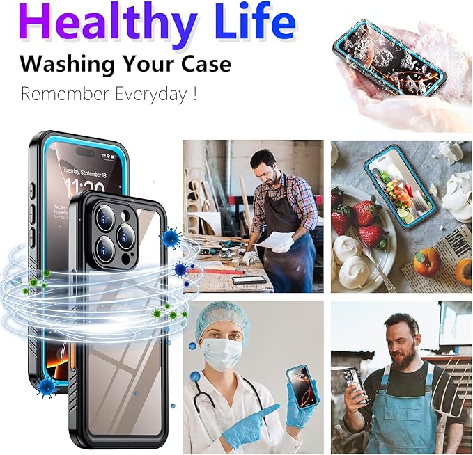 Temdan Compatible with iPhone 16 Pro Max Case Waterproof, Built-in Screen & Camera Protector IP68 Underwater Full Body 16FT Military Dropproof Shockproof Phone Case 6.9"-Blue/Clear
