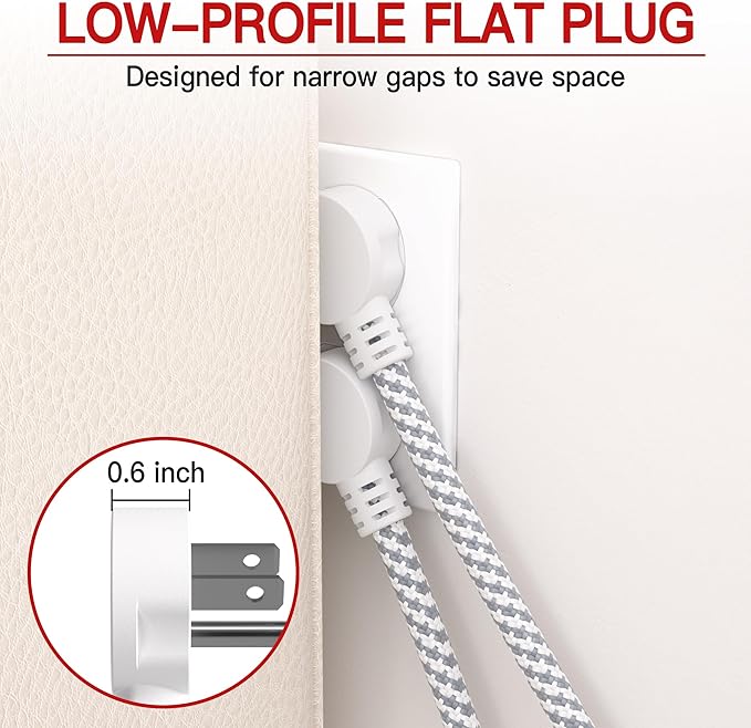 16/3 Flat Plug Braided Extension Cord 15 FT, Indoor 3 Prong Grounded Low Profile Extension Wire Flexible, Suitable for Home and Office, 13 Amp 1625 Watt 125VAC 16AWG, ETL Listed