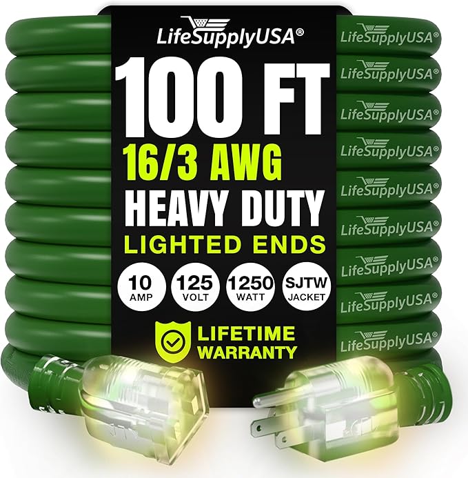 100ft Outdoor/Indoor Extension Cord 16/3 Gauge Heavy Duty 3 Prong SJTW, Waterproof, Flexible Cold-Resistant Long Power Cord,10A 125V 1250W, Green by LifeSupplyUSA