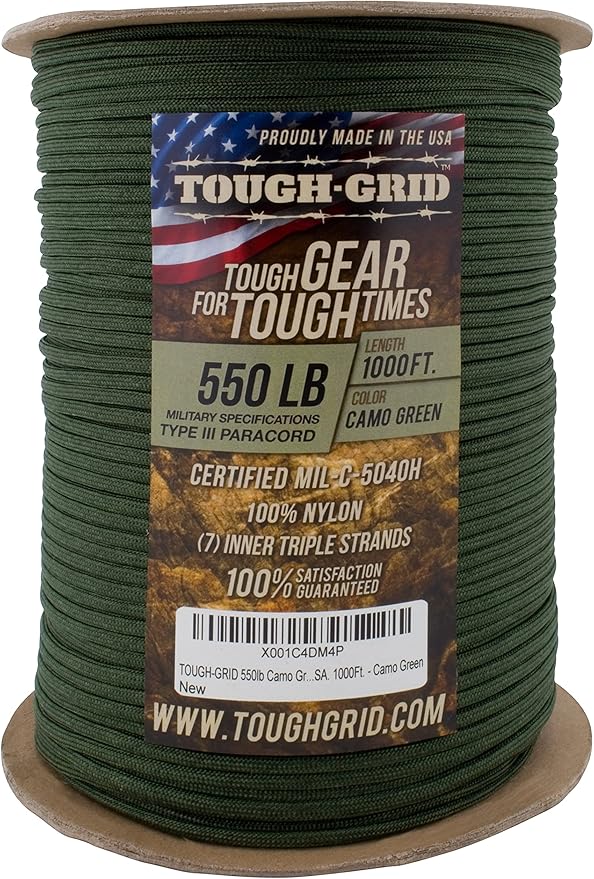 TOUGH-GRID 550 Paracord, Type III Mil-Spec Nylon Rope - 1000 Ft Camo Green Tactical Survival Cord