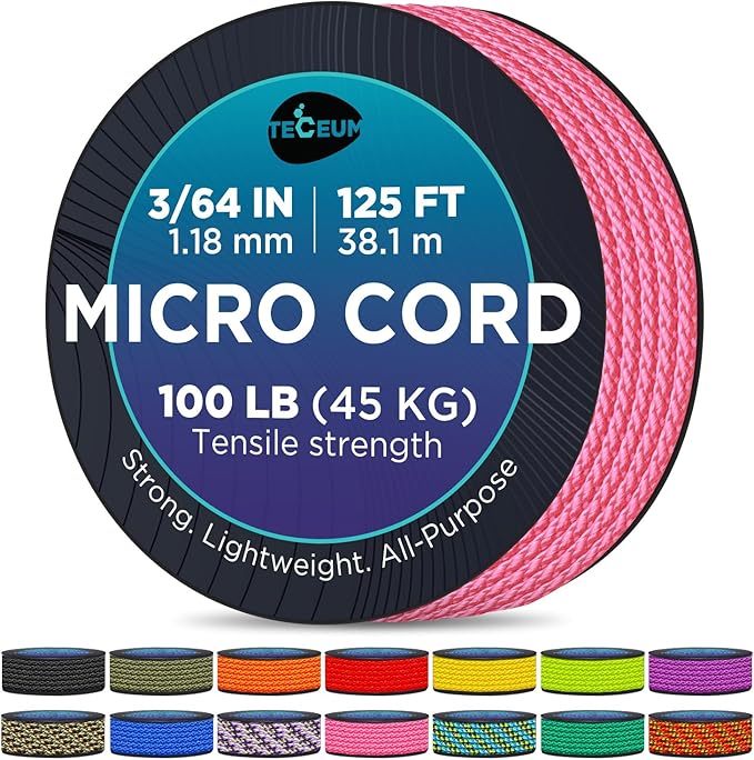 TECEUM Micro Paracord – 1.18 mm X 125 ft – Micro Utility Cord – Thin Braided Paracord Rope – Best for Crafting, DIY Projects, Fishing, Camping – Wind Chime Replacement – Survival Strong String
