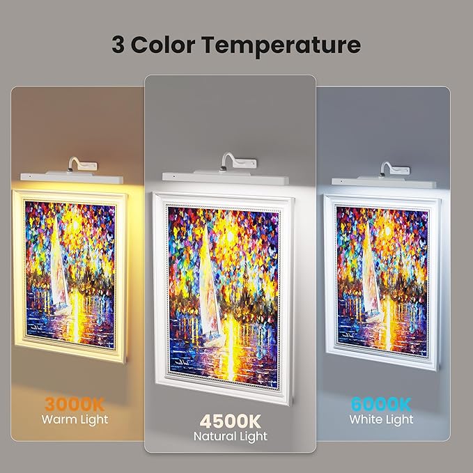 Rechargeable Picture Light for Wall Art White - 3 Color Temperatures,Remote Control & Adjustable Angle Wall Mount Battery Operated Wall Light for Paintings,Gallery,Frames,Photos (13H Runtime, 350LM)