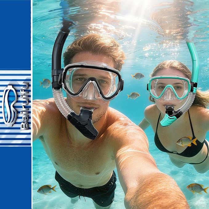 Bairuifu 2-Pack Snorkel Gear for Adults | Enhanced Anti-Fog & Anti-Leak Snorkeling Mask | Breath-Free Dry Snorkel | 180° Panoramic View with Quick-Dry Bags