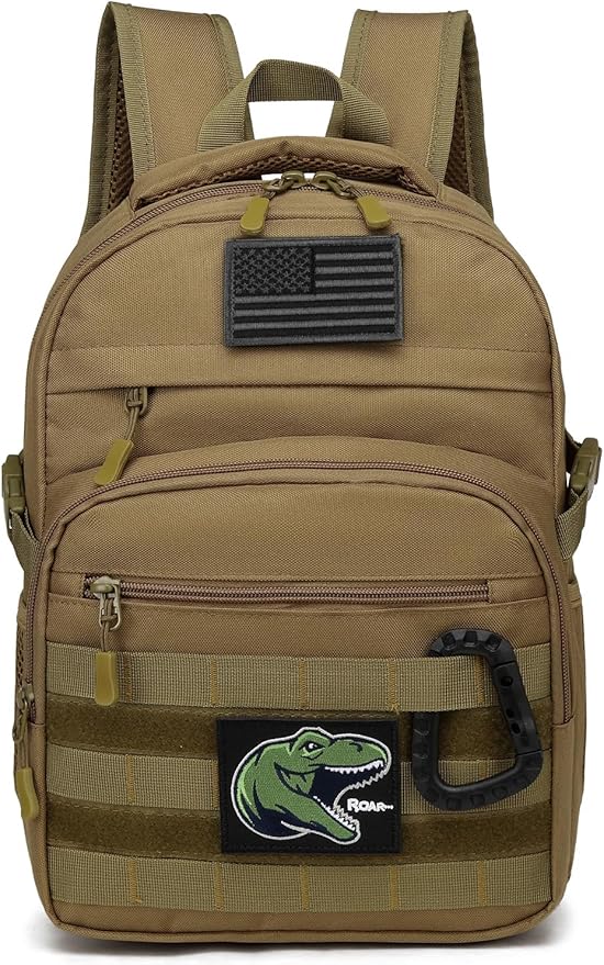 Kids Tactical Backpack Army Molle Bookbag Military Boys Backpack for School, Outdoor, Camping (Includes 2 Patches +1 Carabiner), Brown