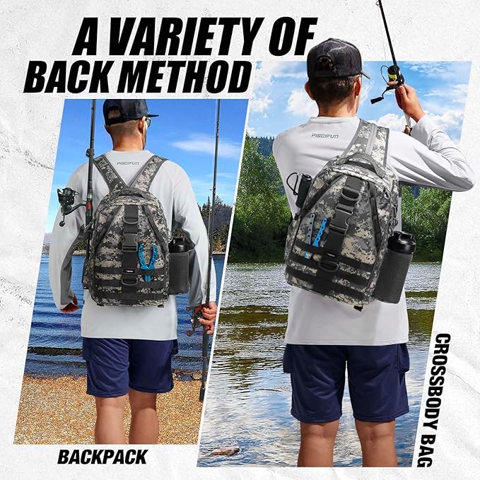 Piscifun Fishing Backpack with Rod Holder, Lightweight Sling Bag Storge Gear and Equipment