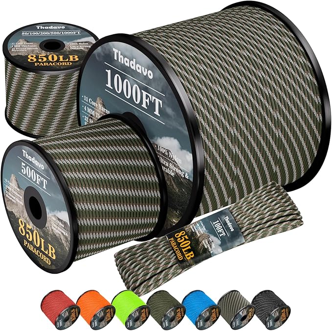 850Ib Reflective Paracord Rope, 50/100/200/500/1000ft 4MM 11 Strand Parachute Cords, Survival Paracord Rope String Tie Down for Crafting, Tent, Camping, Hiking, Fishing, Camo Green 500FT