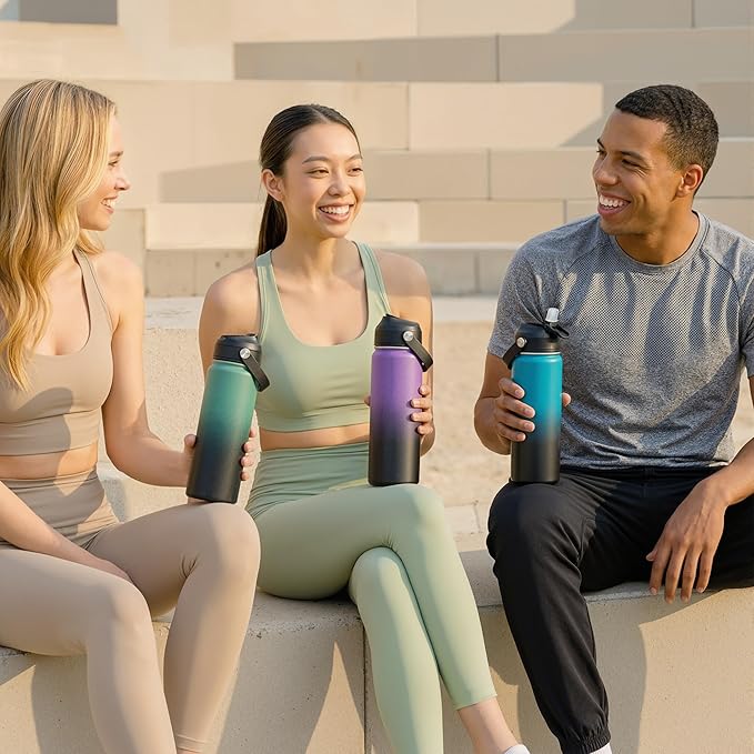 Fijinhom 24oz Insulated Stainless Steel Water Bottle, Wide Mouth Double Wall Vacuum, Silicone Straw, Sweat & Leak Proof, BPA Free Insulated Water Flask for Travel, Keep Cold 24h Hot 12h, Green & Black