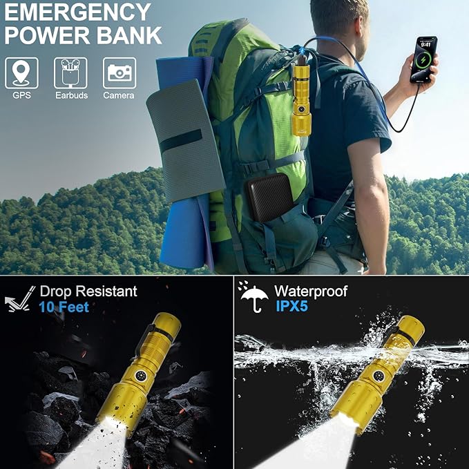 Banral Flashlights High Lumens Rechargeable, Super Bright Long Range Small Powerful Flashlight, 6 Modes LED Tactical Pocket Waterproof Flash Light for Home Emergency (1, Yellow Gold)