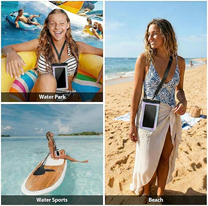 Floatable Waterproof Phone Pouch Case for iPhone 17 16 Pro Max/15/14, IP68 Travel Cellphone Dry Bag Beach Cruise Ship Essentials Bags with Crossbody Lanyard, Iridescent Purple with Word - 7″