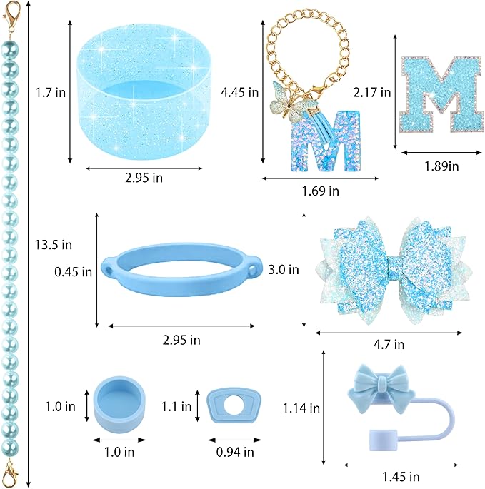 9PCS Blue for Stanley Cup Accessories Set Bling Initials Bow Charms for Stanley Decorations 30/40 Oz Tumbler Accessories Including Bow Straw Topper, Handle Strap, Spill Stopper（Letter M）