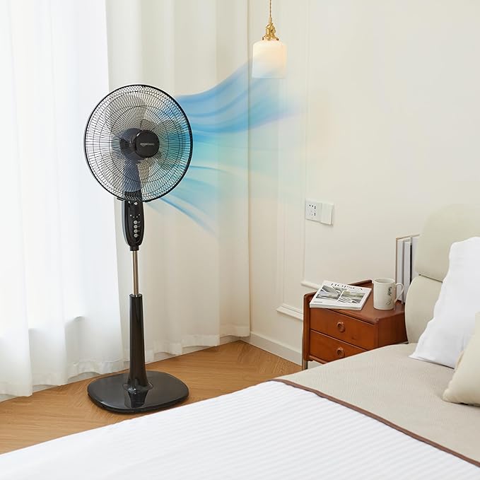 Amazon Basics 16" Pedestal Fan with Remote for Bedroom, Living Room, Office, Adjustable Height, Dual-Layered Blades, 3 Speeds, 3 Modes, Timer, Tilt Head, 60W, Black