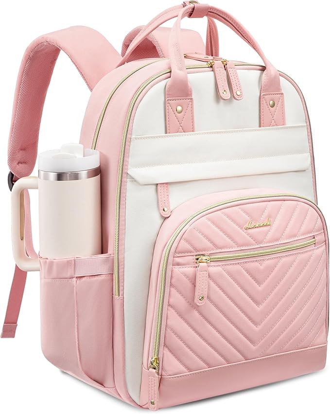 LOVEVOOK Laptop Backpack for Women with Giant Tumbler Holder Pocket,18 inch School College Book Bag Nurse Teacher Backpack,Waterproof Work Travel Backpack Purse Laptop Computer Bag, Beige-Pink-Pink
