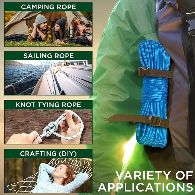 TECEUM Rope – 150 Feet x 1/4 Inch (7mm) – Sky Blue – Strong All-Purpose Utility Rope – Camping, Crafting, Flag Pole, Indoor & Outdoor – Polypropylene Nylon Poly Lightweight Diamond Braided Cord