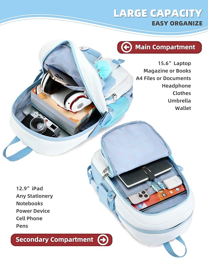 Hidds Laptop Backpacks 15.6 Inch School Bag Elementary Middle High College Backpack Cute Bookbags Anti Theft Travel Back Pack Casual Daypack Kids Book Bag for Teens Girls Women Students-Blue Beige
