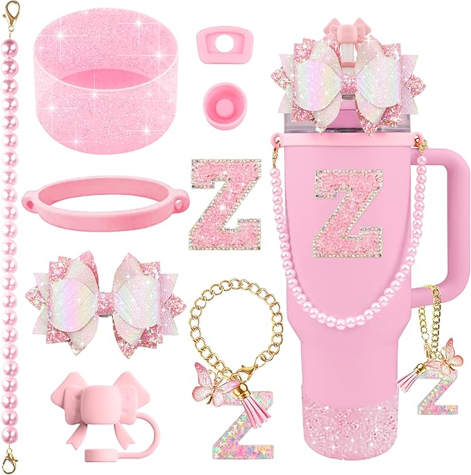 9PCS Pink for Stanley Cup Accessories Set Bling Initials Bow Charms for Stanley Decorations 30/40 Oz Tumbler Accessories Including Bow Straw Topper, Handle Strap, Spill Stopper（Letter Z）