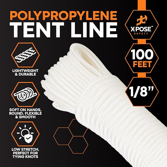 Line Nylon Cord - 100 Ft White Reflective Guyline - Camping Rope, Guy Lines, Tie Down Rope - Tent Accessories & Cordage