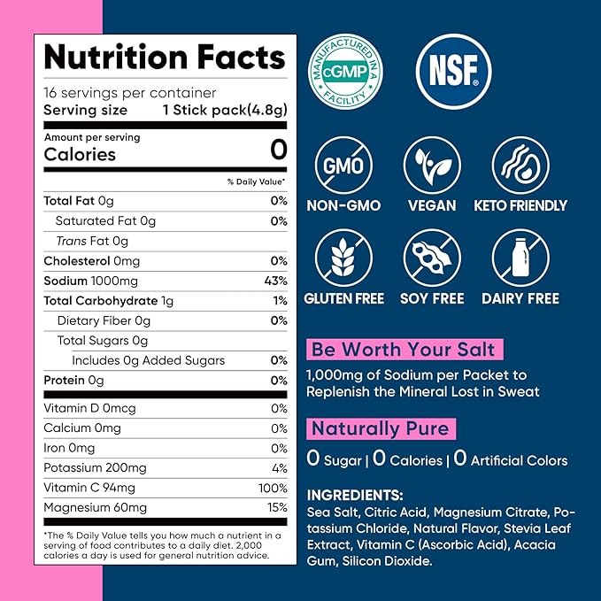 Venture Pal High Sodium Sugar-Free Electrolyte Powder Packets - Hydration Packets with Sodium, Potassium & Magnesium | Zero Calories | Vegan, Keto, and Paleo Friendly | 30 Sticks