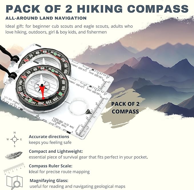 Trekker's Compass Crew Orienteering Compass, Pack of 2, Magnetic Navigation Set for Hiking, Camping, Backpacking, Scout Activities