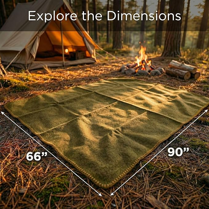 Wool Camping Blanket - 70% Wool Heavy-Duty Military Style Throw, Warm & Washable, Fire Retardant Cover for Emergency, Survival & Outdoor Use - Perfect for Camping, Car, Home & Hiking, Olive 66x90