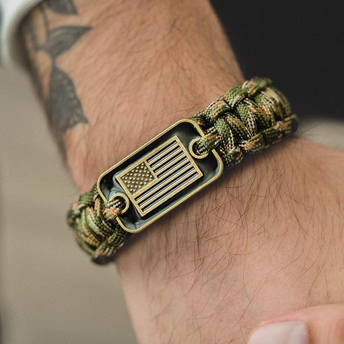 Hero Company Camo Paracord Bracelet - Tactical Survival Bracelet for Men with Bronze USA Flag - Helps Pair Military Veterans with a Companion Dog