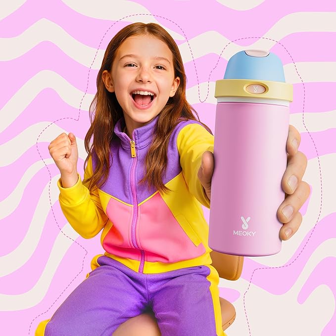 18 oz Insulated Water Bottle for Kids: Meoky Metal Water Bottle with 2-in-1 Straw and Spout Lid - Leak Proof, Cold for 24 Hours, Fits in Car Cup Holder for Girls School Sports, Fruit Punch