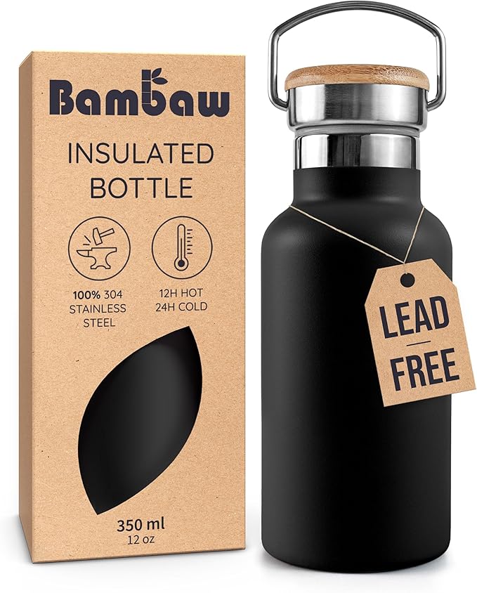 Bambaw 12 oz Insulated Water Bottle, Double Wall Metal Water Bottle Stainless Steel for School, Work & Gym, Wide Mouth, Leak-Proof, Keeps Drinks Cold for 24h Cold and Hot for 12h (Jet Black)