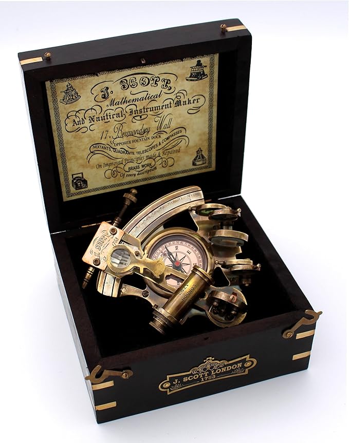 Handmade Astrolabe Brass Sextant inbuild Compass with Hardwood Box.
