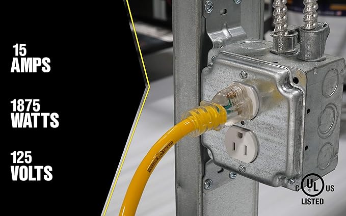 Southwire Outdoor Extension Cord - Power Light Indicator Cable for Heavy Duty Tools - SJTW - 12 Gauge - Water Resistant - High Visibility - Yellow - 50 Foot
