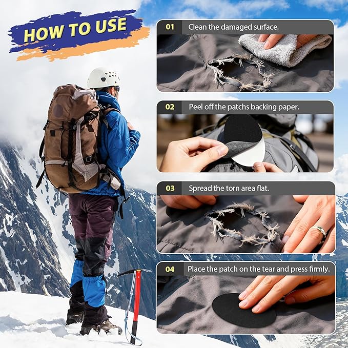 Down Jacket Repair Patch Kit, Outdoor Gear Tenacious Repair Tape, Self Adhesive Fabric Patches for Clothes, Waterproof Ripstop Nylon Fabric Patch for Puffer Jacket, Coat, Tent (18 Pcs, Brown)
