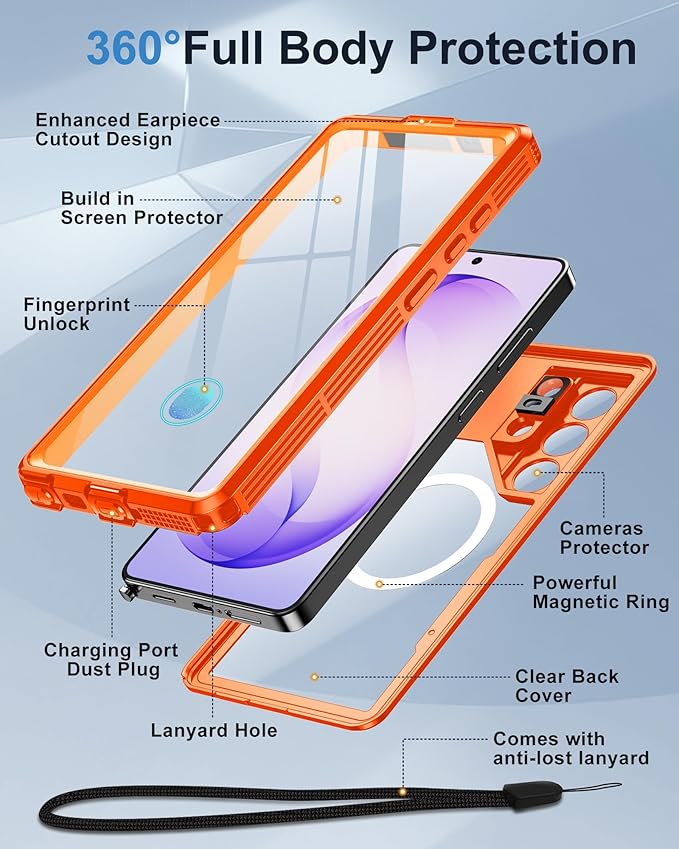 for Samsung Galaxy S26 Ultra Waterproof Case, [Fit for Magsafe] [IP68 Water Proof] [Built-in Screen Protector], Magnetic Heavy Duty Military Grade Rugged Phone Case for S 26 Ultra 6.9", Orange