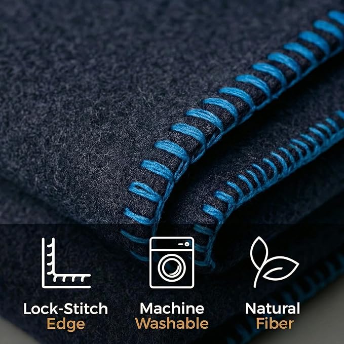 Wool Camping Blanket 10-Pack - 70% Wool Heavy-Duty Military Style Throw, Warm & Washable, Fire Retardant Cover for Emergency, Survival & Outdoor Use - For Camping, Car, Home & Hiking, Navy 62x84