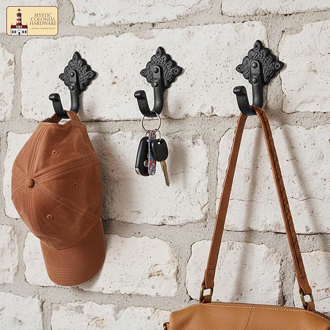Mystic Colonial Rustic Cast Iron Wall Hooks Heavy Duty Vintage Utility Hooks for Hanging Coats, Towels, Bags, Robes, Hats & More Decorative Wall Mount Hooks, Pack of 10