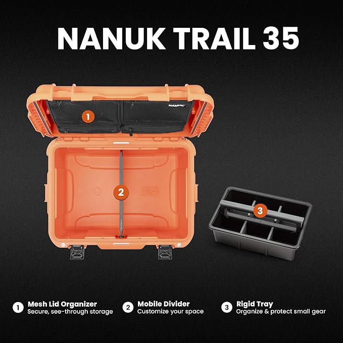 NANUK Trail 35 – 38.8 L (10.2-Gallon) Waterproof Gear Case – Modular Cargo Case for Camping, Fishing, Hunting & Outdoor Storage – Dustproof and Impact Resistant (22.0” x 15.9” x 11.6”) – Orange