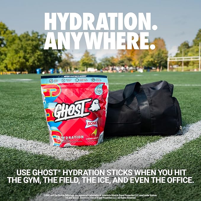 GHOST Hydration Packets, Sonic Cherry Limeade, 24 Sticks, Electrolyte Powder - Drink Mix Supplement with Magnesium, Potassium, Calcium, Vitamin C - Vegan Friendly, Free of Soy, Sugar & Gluten