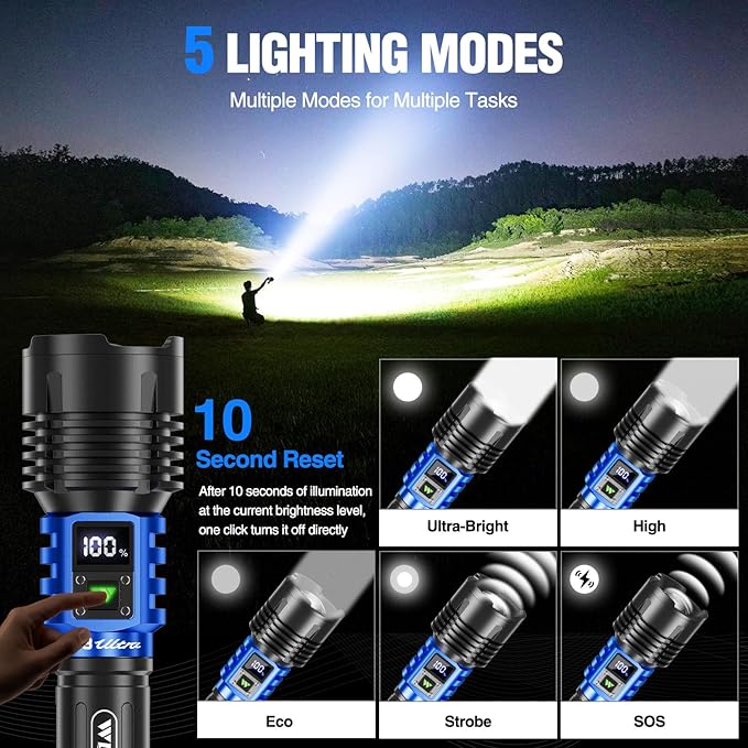 WdtPro Rechargeable LED Flashlights High Lumens, Super Bright 90000LM Rechargeable Flashlight with LCD Display, 5 Modes & Waterproof Powerful 10000mAh Handheld Flashlight for Camping Emergency Blue