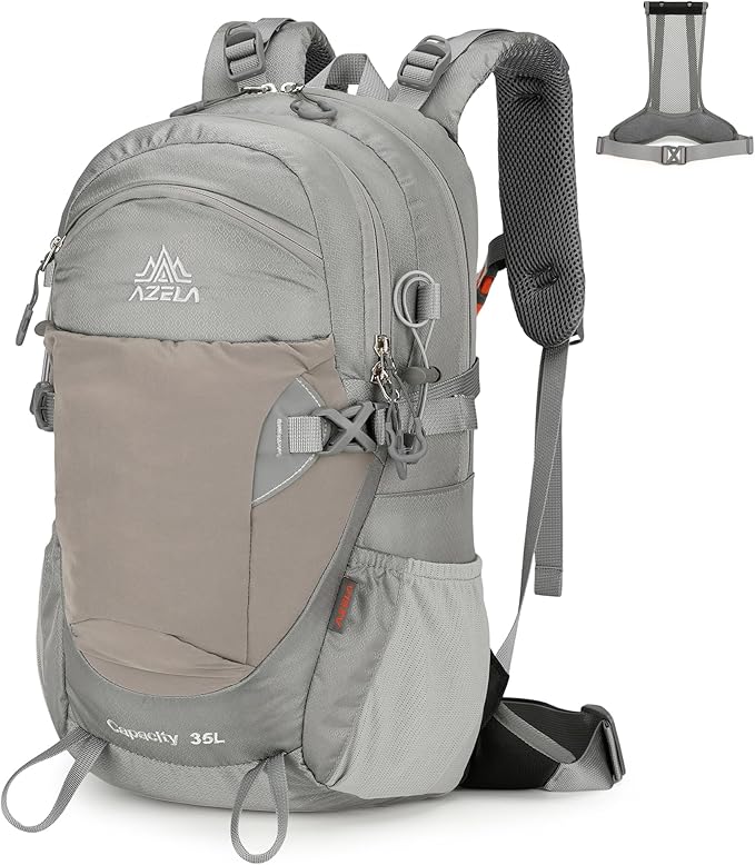35L Hiking Backpack Detachable Frame Backpack with Rain Cover Waterptoof Travel Backpack for Women Men Daypack for Camping (Gray)