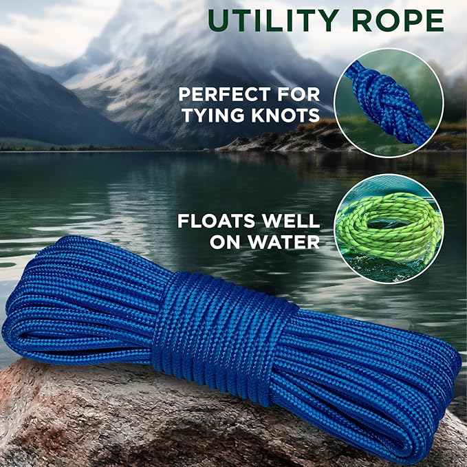 TECEUM Rope – 90 Feet x 3/8 Inch (10mm) – Blue – Strong All-Purpose Utility Rope – Camping, Crafting, Flag Pole, Indoor & Outdoor – Polypropylene Nylon Poly Lightweight Diamond Braided Cord